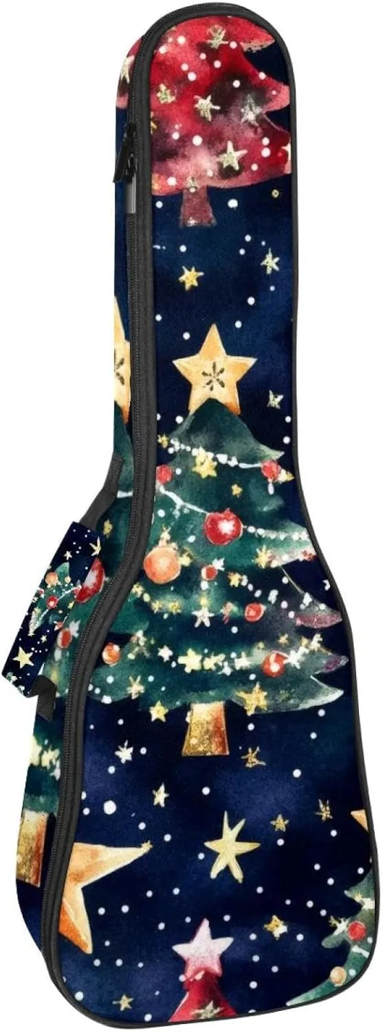 0.4’’ Thick Padded Ukulele Case, Watercolor Merry Christmas Stars and Christmas Tree Waterproof Concert Size Ukulele Cover with Storage