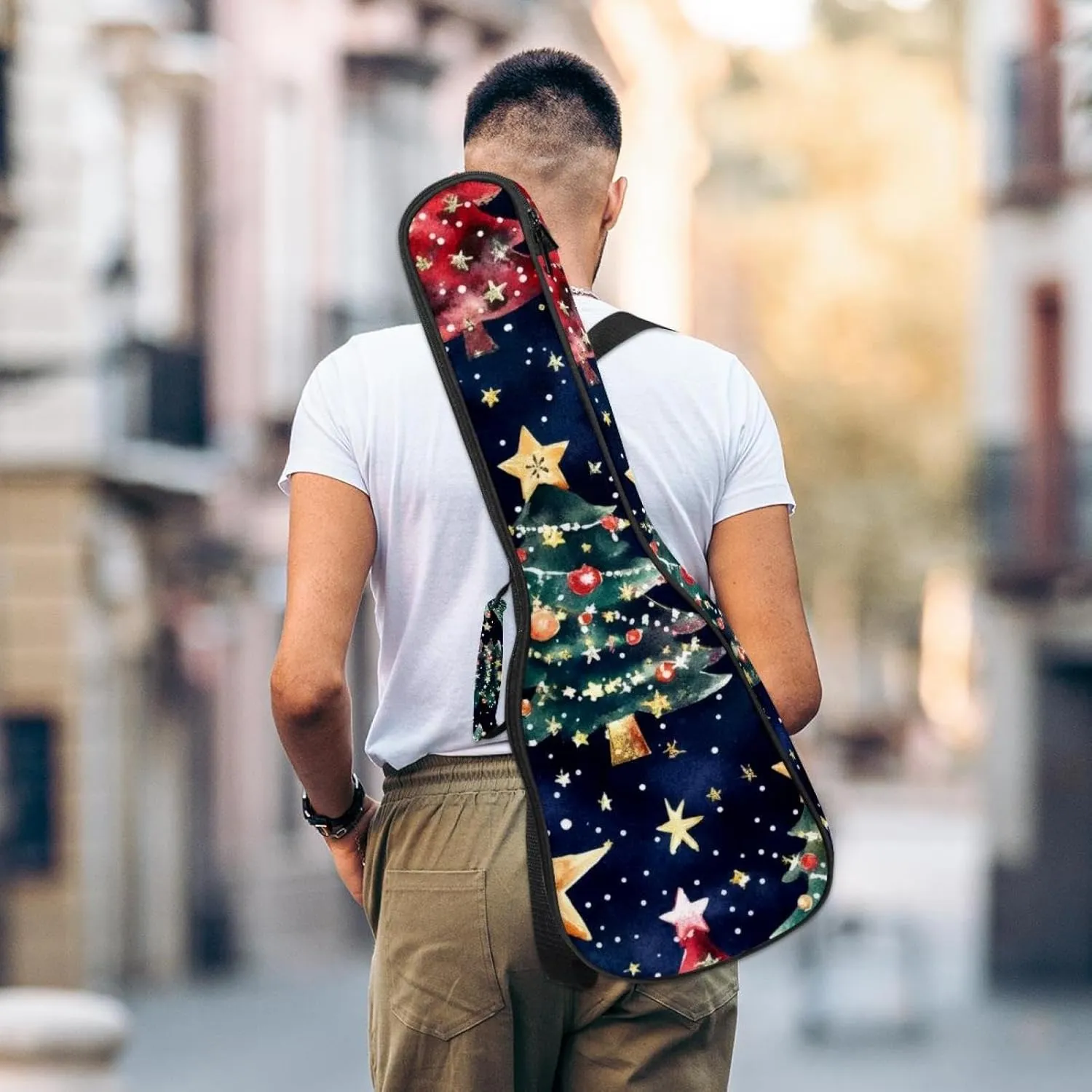 0.4’’ Thick Padded Ukulele Case, Watercolor Merry Christmas Stars and Christmas Tree Waterproof Concert Size Ukulele Cover with Storage