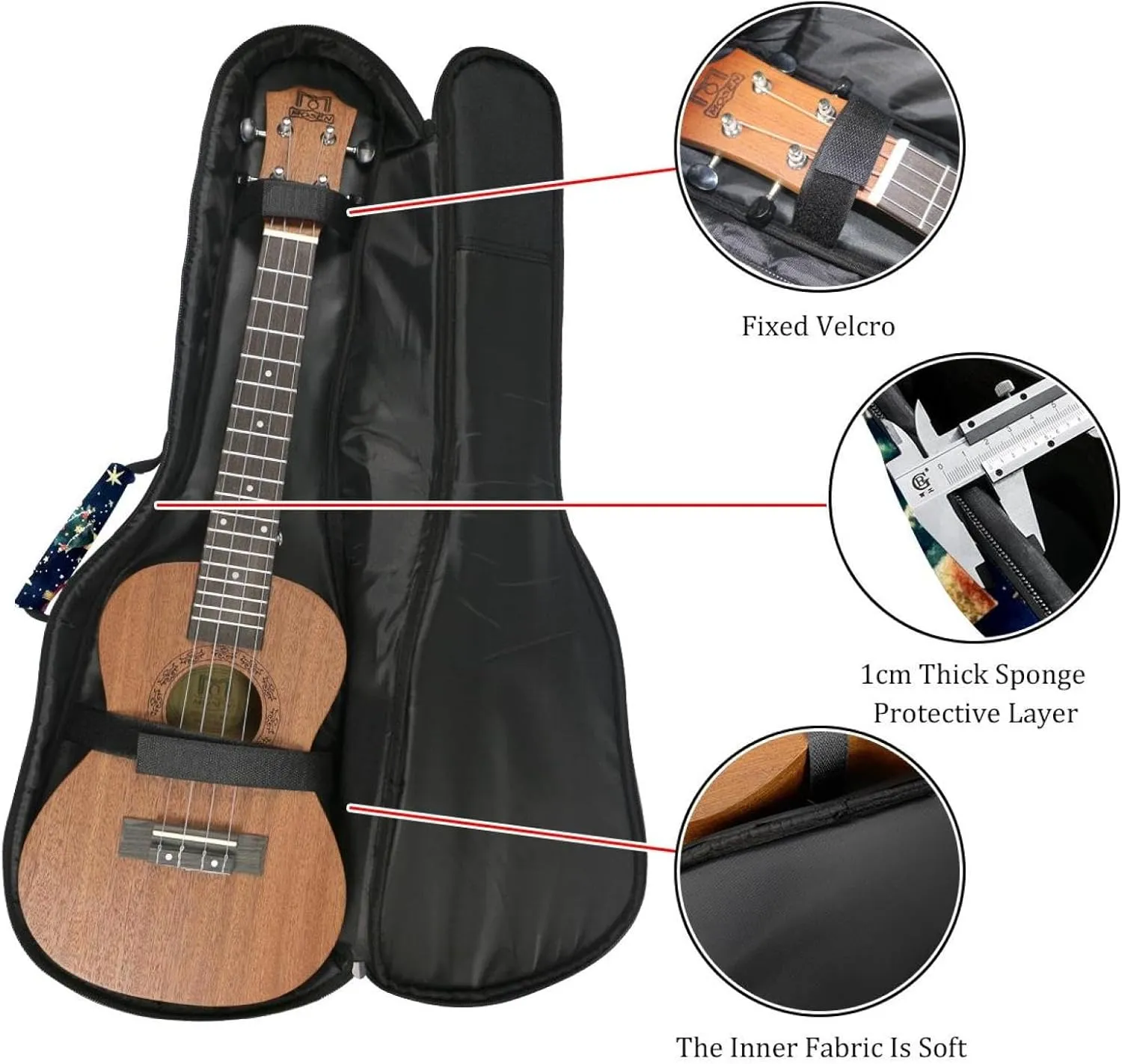 0.4’’ Thick Padded Ukulele Case, Watercolor Merry Christmas Stars and Christmas Tree Waterproof Concert Size Ukulele Cover with Storage