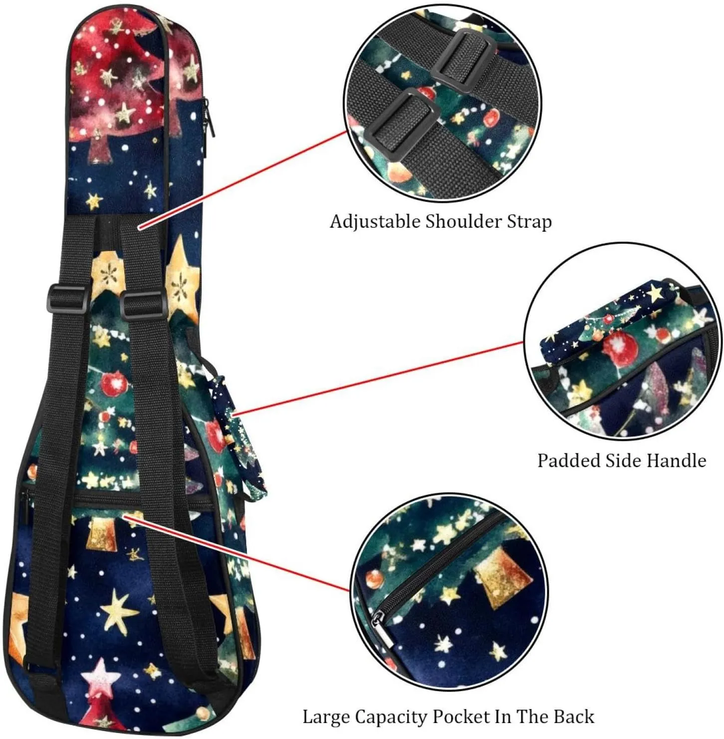 0.4’’ Thick Padded Ukulele Case, Watercolor Merry Christmas Stars and Christmas Tree Waterproof Concert Size Ukulele Cover with Storage