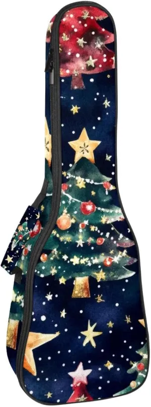 0.4’’ Thick Padded Ukulele Case, Watercolor Merry Christmas Stars and Christmas Tree Waterproof Concert Size Ukulele Cover with Storage