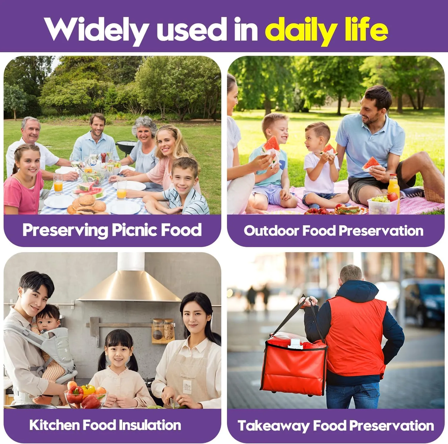 1 Pack Purple Insulated Food Delivery Bag, Large Capacity Reusable Warming Cooler Bag for Hot & Cold Food, Pizza Delivery Bags