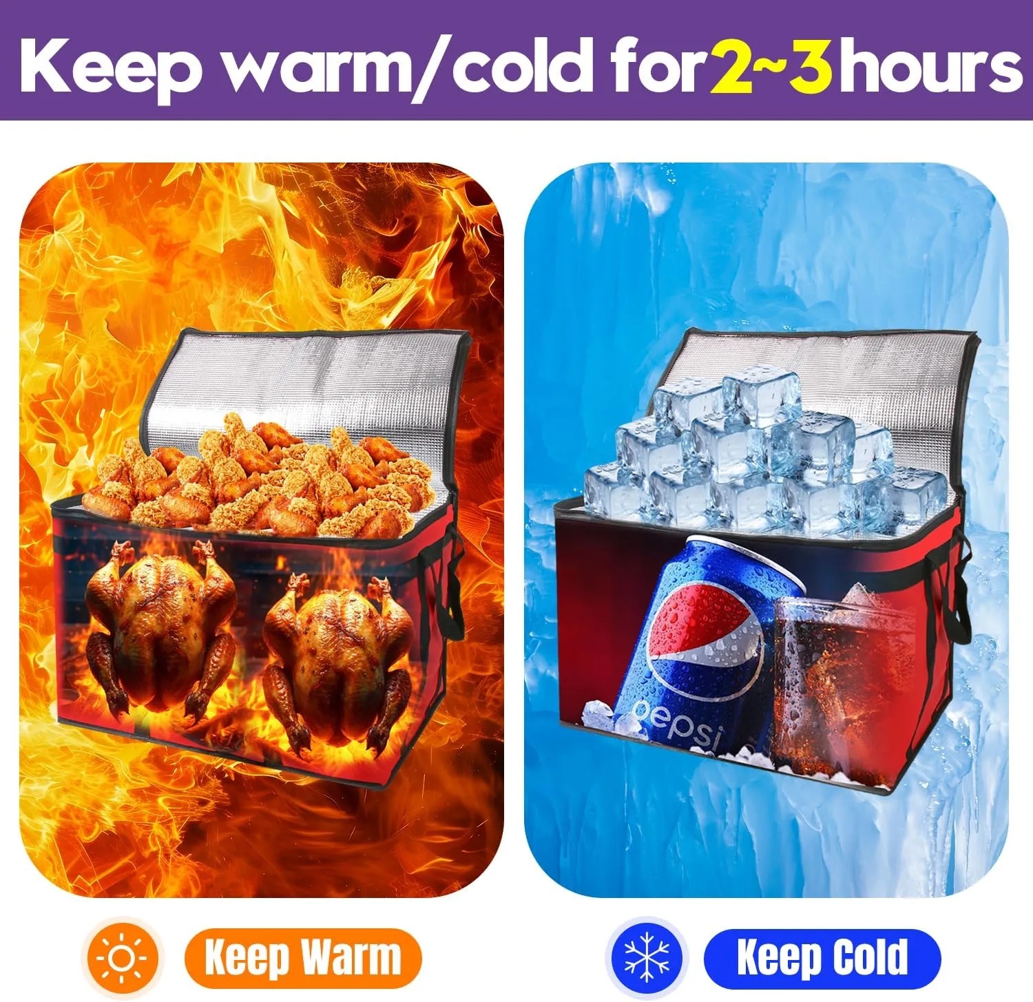 1 Pack Purple Insulated Food Delivery Bag, Large Capacity Reusable Warming Cooler Bag for Hot & Cold Food, Pizza Delivery Bags