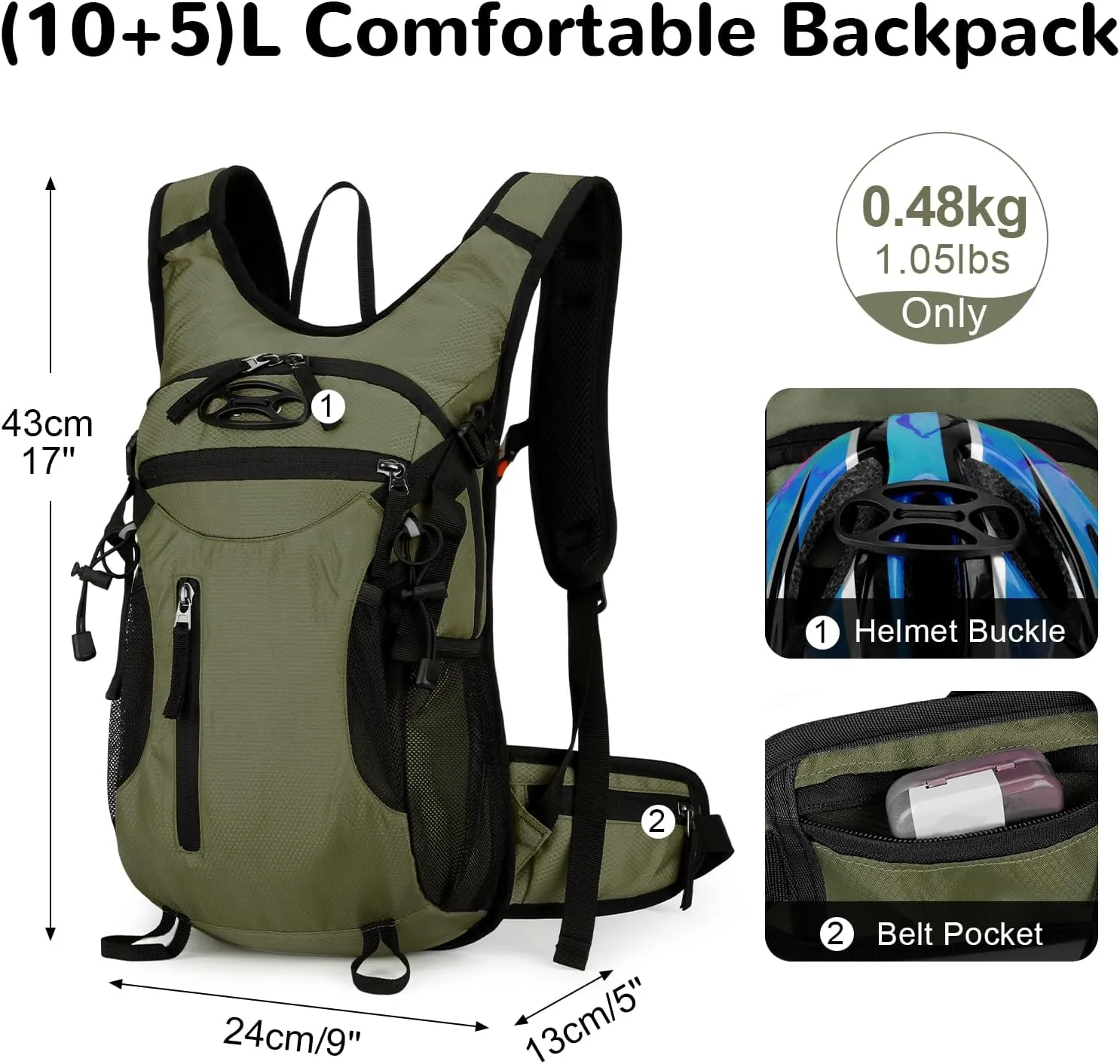 15L Small Hiking Daypack Men Women with Phone Pocket, Breathable Travel Hiking Backpack, Waterproof Ultralight Running Backpack for Bike Camping Sports, Green