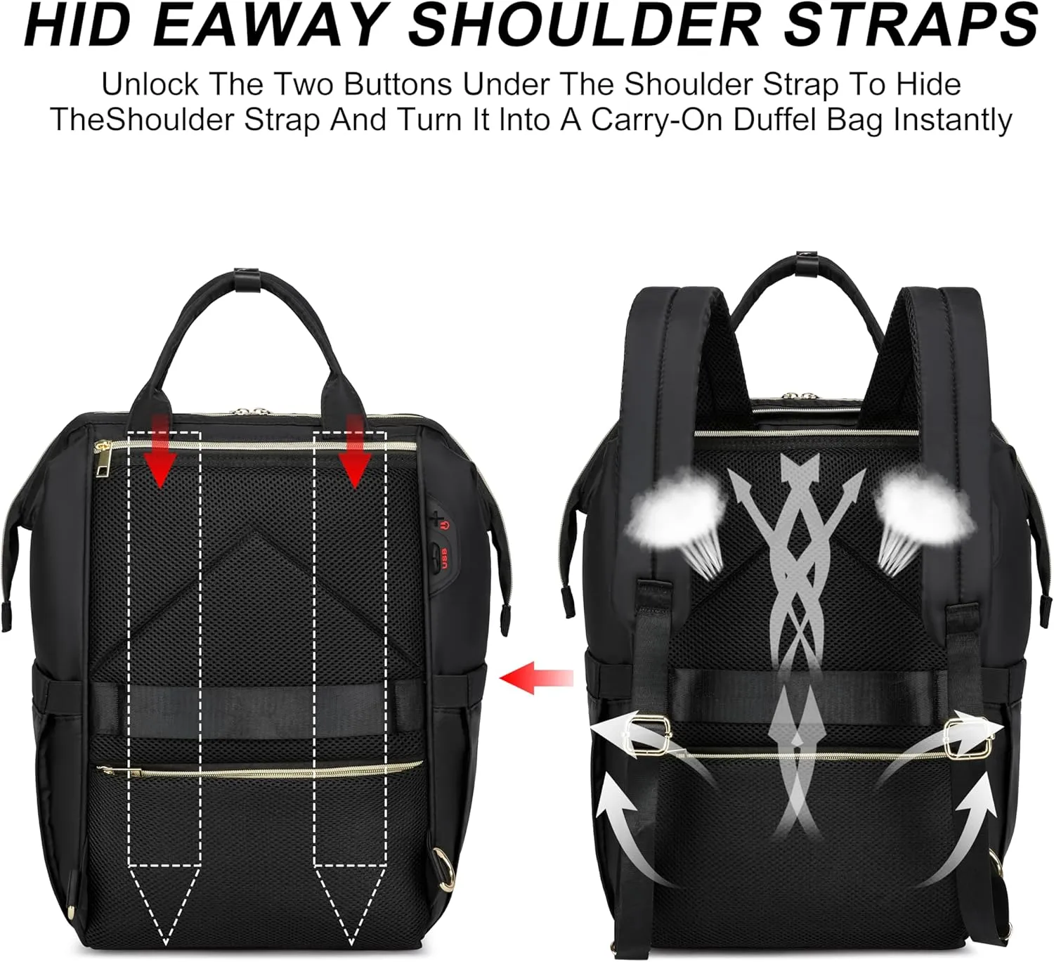 17.3 Inch Convertible Laptop Backpack,Quilted Travel Work Backpack Purse,Large Capacity Nurse Bag Teacher Backpack,Waterproof Casual Daypack Business Computer Bag,Black(2323H-01)