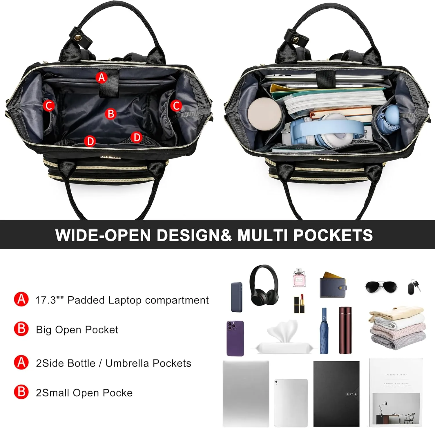 17.3 Inch Convertible Laptop Backpack,Quilted Travel Work Backpack Purse,Large Capacity Nurse Bag Teacher Backpack,Waterproof Casual Daypack Business Computer Bag,Black(2323H-01)