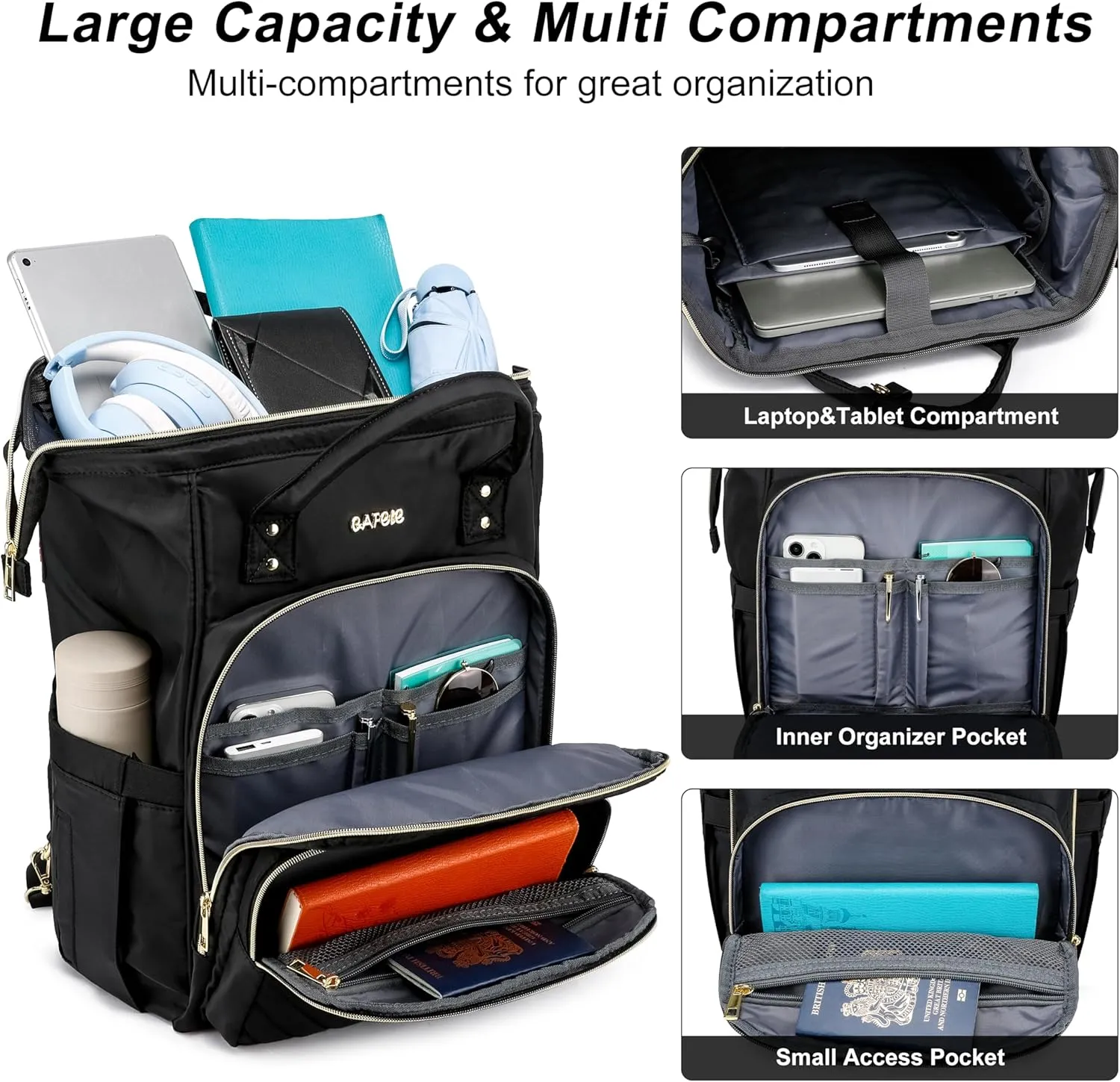 17.3 Inch Convertible Laptop Backpack,Quilted Travel Work Backpack Purse,Large Capacity Nurse Bag Teacher Backpack,Waterproof Casual Daypack Business Computer Bag,Black(2323H-01)
