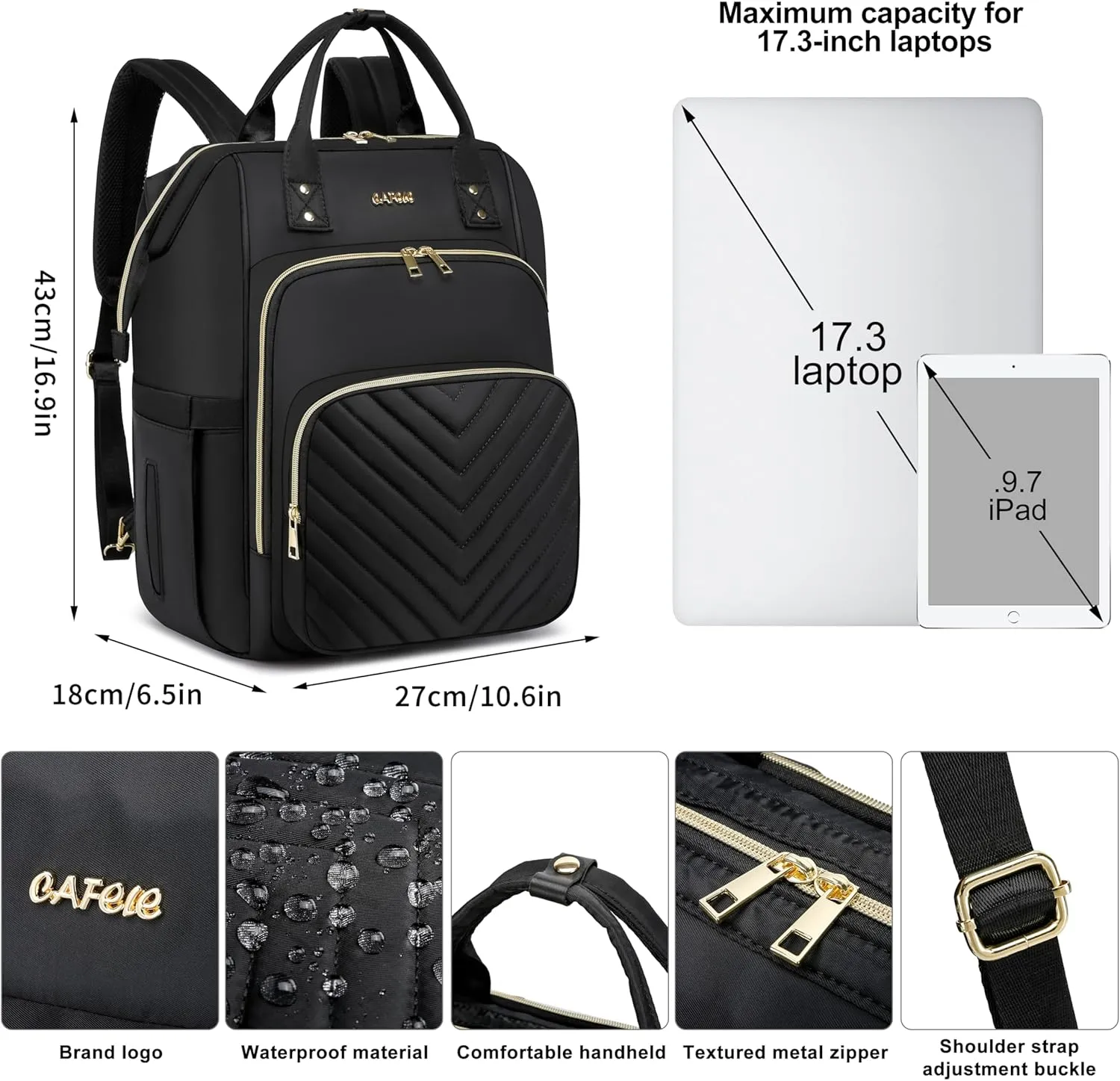 17.3 Inch Convertible Laptop Backpack,Quilted Travel Work Backpack Purse,Large Capacity Nurse Bag Teacher Backpack,Waterproof Casual Daypack Business Computer Bag,Black(2323H-01)