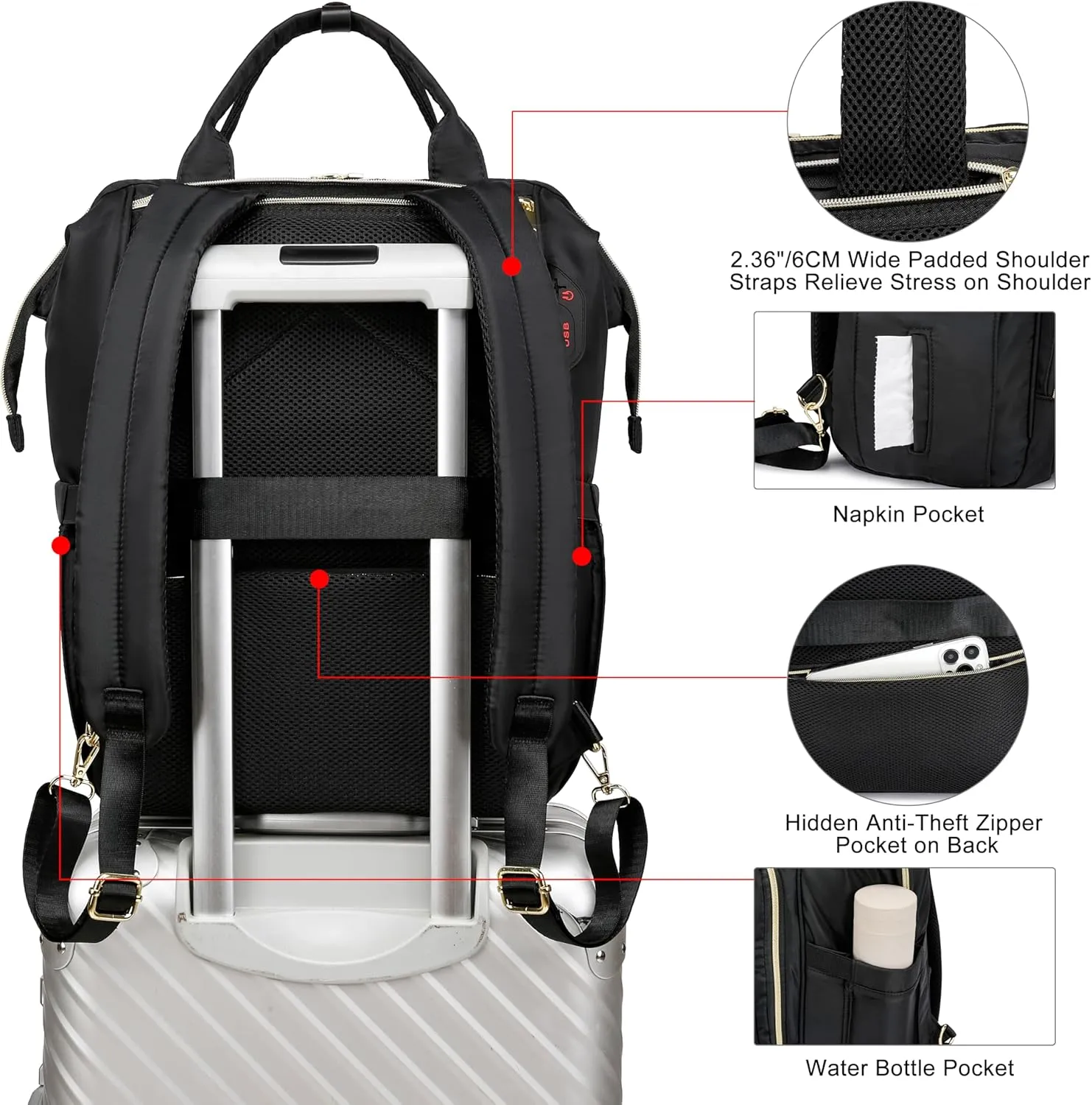 17.3 Inch Convertible Laptop Backpack,Quilted Travel Work Backpack Purse,Large Capacity Nurse Bag Teacher Backpack,Waterproof Casual Daypack Business Computer Bag,Black(2323H-01)