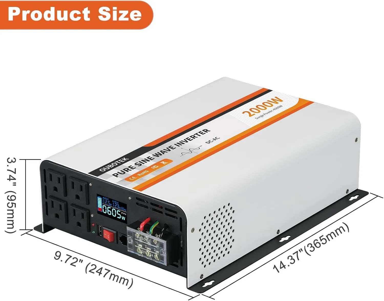 2000W Pure Sine Wave Inverter 12V DC to 120V AC Converter for Vehicles Boat Camping Outdoor Solar System, 2000 Watt Power Inverter with LCD Display, Remote Controller, USB Port, 4 AC Outlets