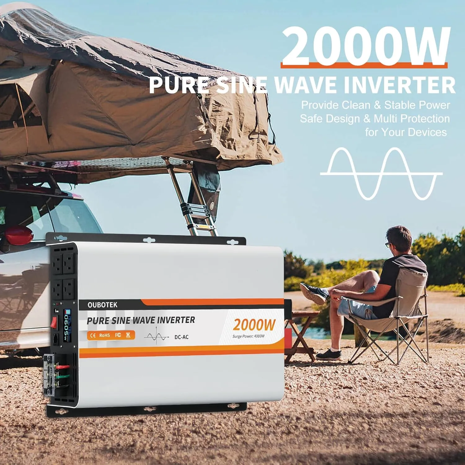 2000W Pure Sine Wave Inverter 12V DC to 120V AC Converter for Vehicles Boat Camping Outdoor Solar System, 2000 Watt Power Inverter with LCD Display, Remote Controller, USB Port, 4 AC Outlets