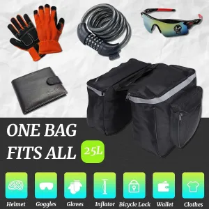 25L Saddle Bags for Bicycle,Bike Rear Carrier Bag With Reflective Trim,Bike Panniers With Adjustable Hooks,Waterproof Mountain Road Bike Rack Rear Seat Tail Carrier Trunk Double Pannier Bag (Black)