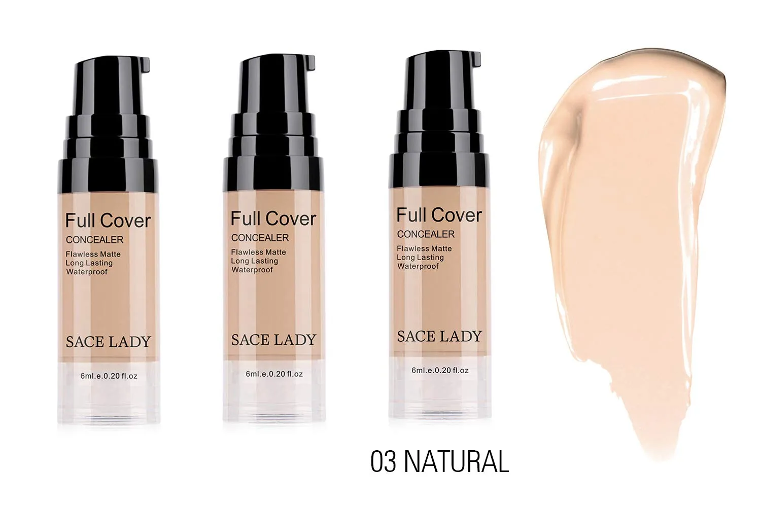 3 Pack Pro Full Cover Liquid Concealer, Waterproof Smooth Matte Flawless Finish Creamy Concealer Foundation for Eye Dark Circles Spot Face Concealer Makeup, Size:3×6ml/0.20Fl Oz, Natural