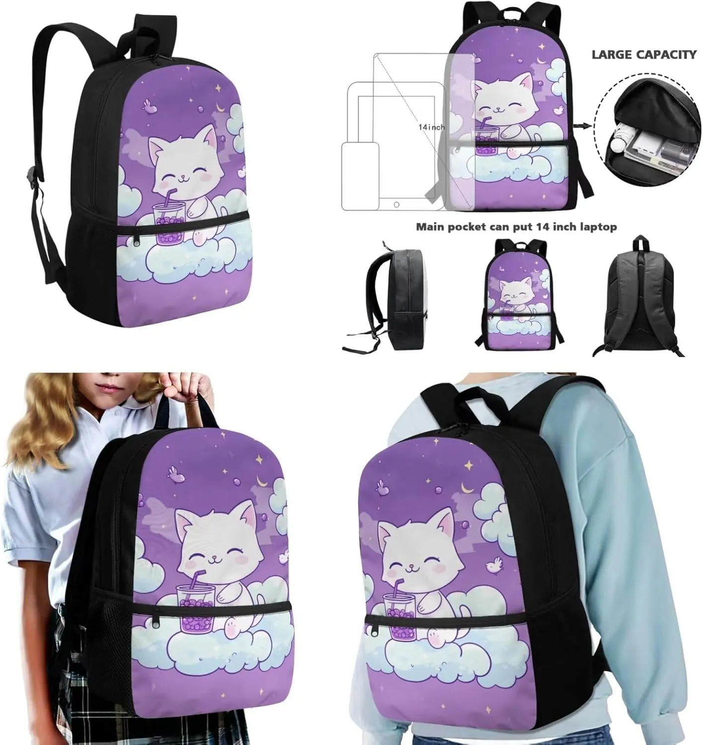 3 Piece Bookbag and Lunch Kit for Elementary Girls Age 7-9 Lightweight Ergonomic Backpack Spacious Cat Print School Supplies Pencil Holder Purple 17 Inch