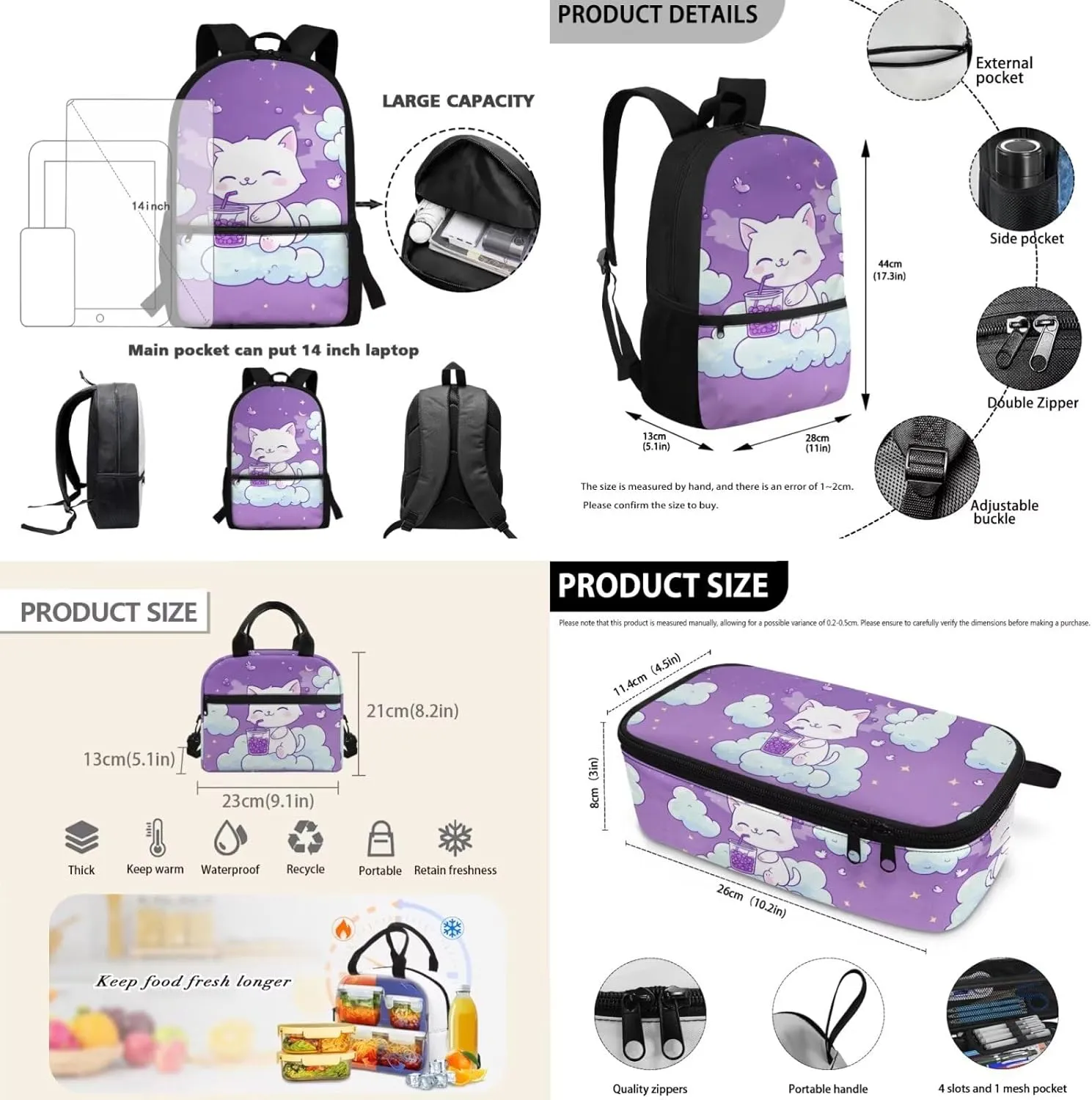 3 Piece Bookbag and Lunch Kit for Elementary Girls Age 7-9 Lightweight Ergonomic Backpack Spacious Cat Print School Supplies Pencil Holder Purple 17 Inch