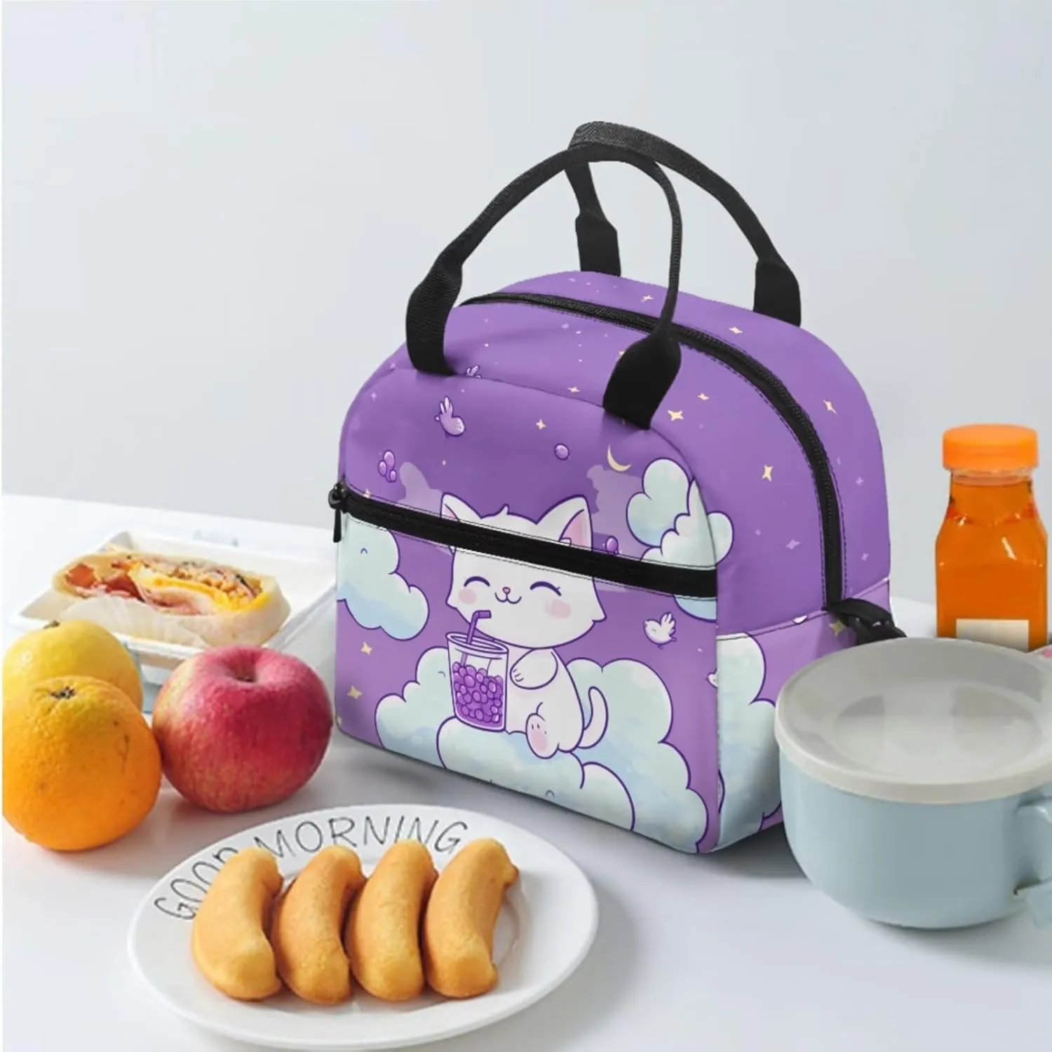 3 Piece Bookbag and Lunch Kit for Elementary Girls Age 7-9 Lightweight Ergonomic Backpack Spacious Cat Print School Supplies Pencil Holder Purple 17 Inch
