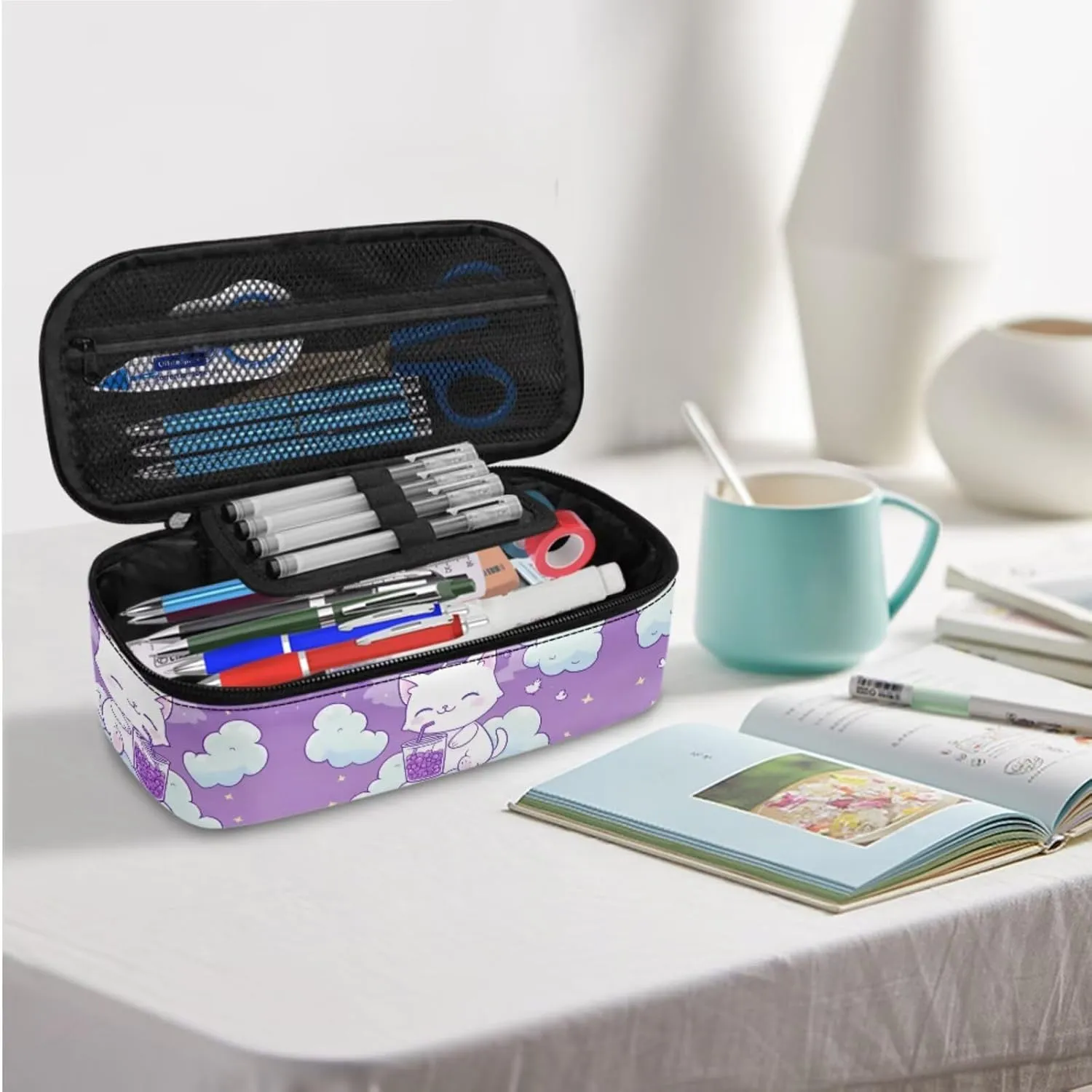 3 Piece Bookbag and Lunch Kit for Elementary Girls Age 7-9 Lightweight Ergonomic Backpack Spacious Cat Print School Supplies Pencil Holder Purple 17 Inch