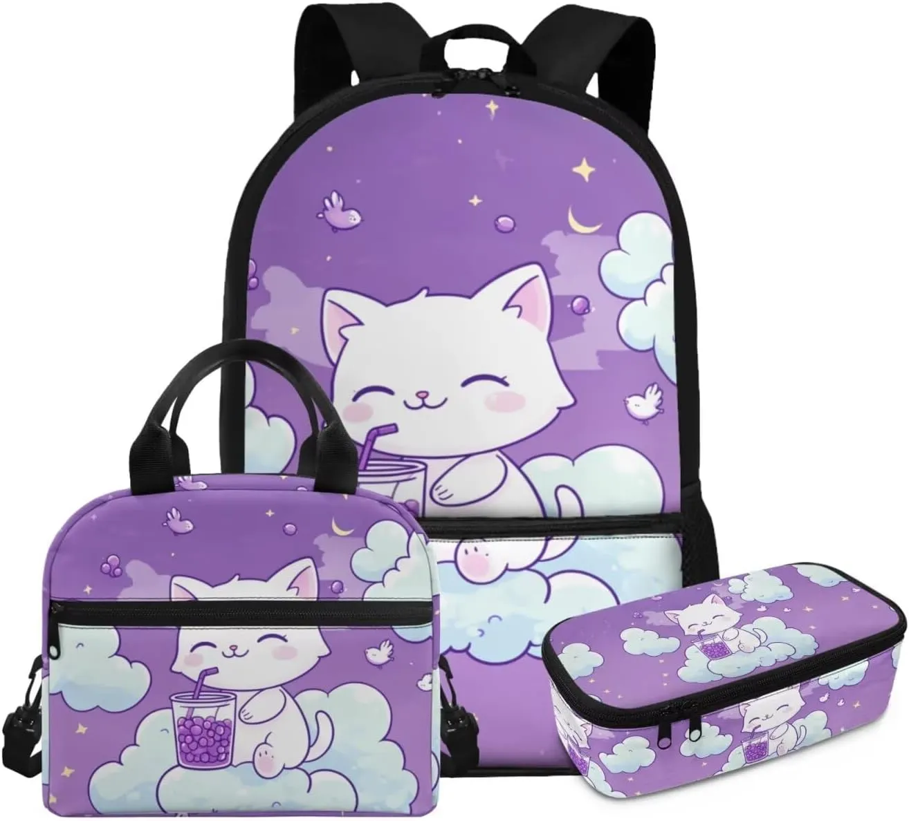 3 Piece Bookbag and Lunch Kit for Elementary Girls Age 7-9 Lightweight Ergonomic Backpack Spacious Cat Print School Supplies Pencil Holder Purple 17 Inch