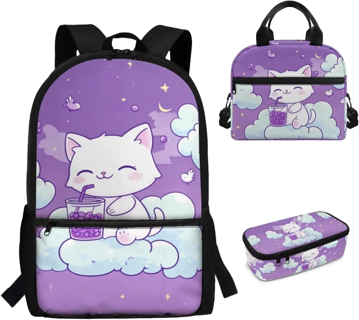 3 Piece Bookbag and Lunch Kit for Elementary Girls Age 7-9 Lightweight Ergonomic Backpack Spacious Cat Print School Supplies Pencil Holder Purple 17 Inch