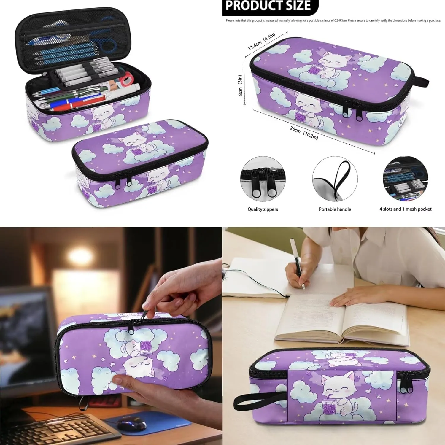 3 Piece Bookbag and Lunch Kit for Elementary Girls Age 7-9 Lightweight Ergonomic Backpack Spacious Cat Print School Supplies Pencil Holder Purple 17 Inch