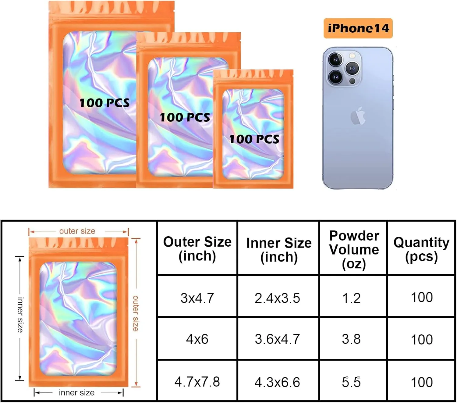 300 Pcs Holographic Mylar Bags, 3 Size Smell Proof Bags with Clear Window Foil Pouch Bags Resealable Bags for Small Business and Food Storage, Orange