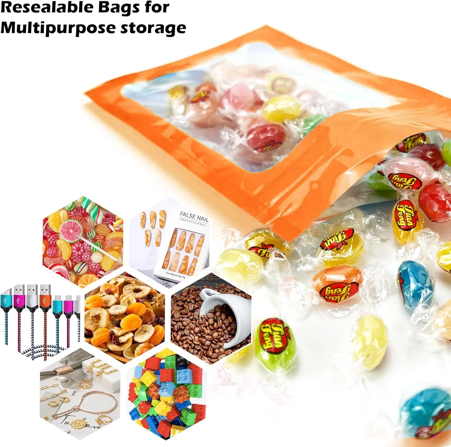 300 Pcs Holographic Mylar Bags, 3 Size Smell Proof Bags with Clear Window Foil Pouch Bags Resealable Bags for Small Business and Food Storage, Orange