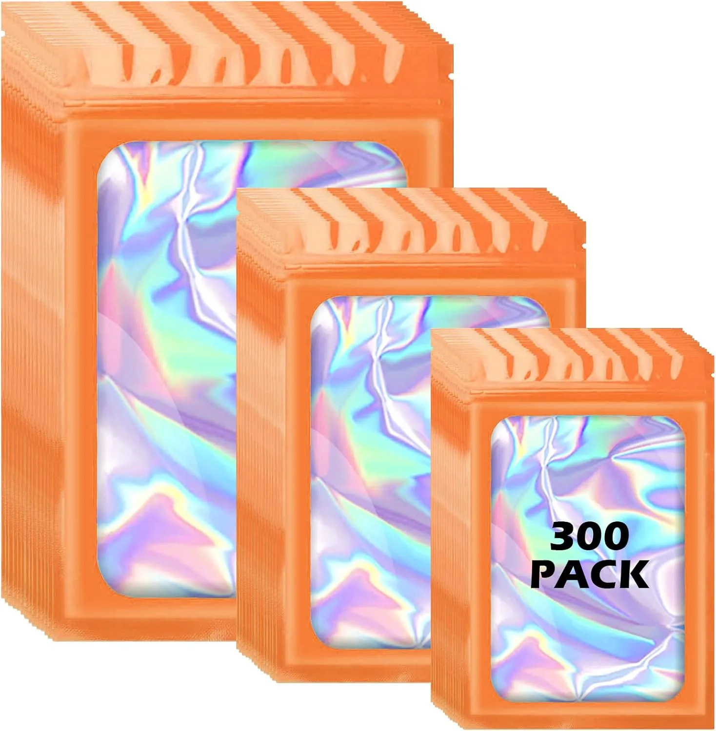 300 Pcs Holographic Mylar Bags, 3 Size Smell Proof Bags with Clear Window Foil Pouch Bags Resealable Bags for Small Business and Food Storage, Orange