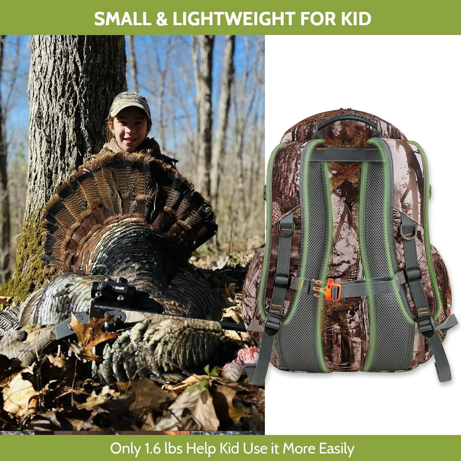 30L Kids Camo Hunting Backpack with 11 Pockets, Small Lightweight Hunting Bag for Youth, Men Water Resistant Day Pack for Boys & Girls, Travel, Hiking, Camping