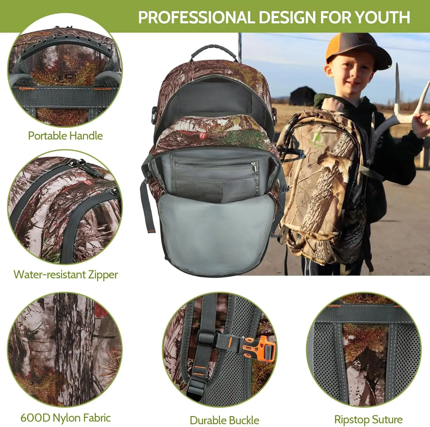 30L Kids Camo Hunting Backpack with 11 Pockets, Small Lightweight Hunting Bag for Youth, Men Water Resistant Day Pack for Boys & Girls, Travel, Hiking, Camping