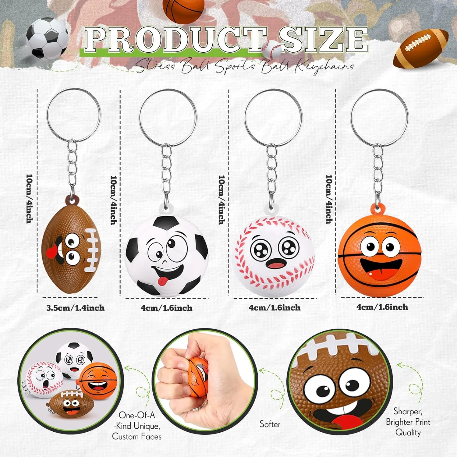 32 Pcs Mini Face Stress Balls Keychain for Boys Girls Sport Face Keychain Stress Relief Squeeze Toys Keychain for School Reward Party Bag Gift Fillers Party Favors Birthday Gift(Mix Ball)