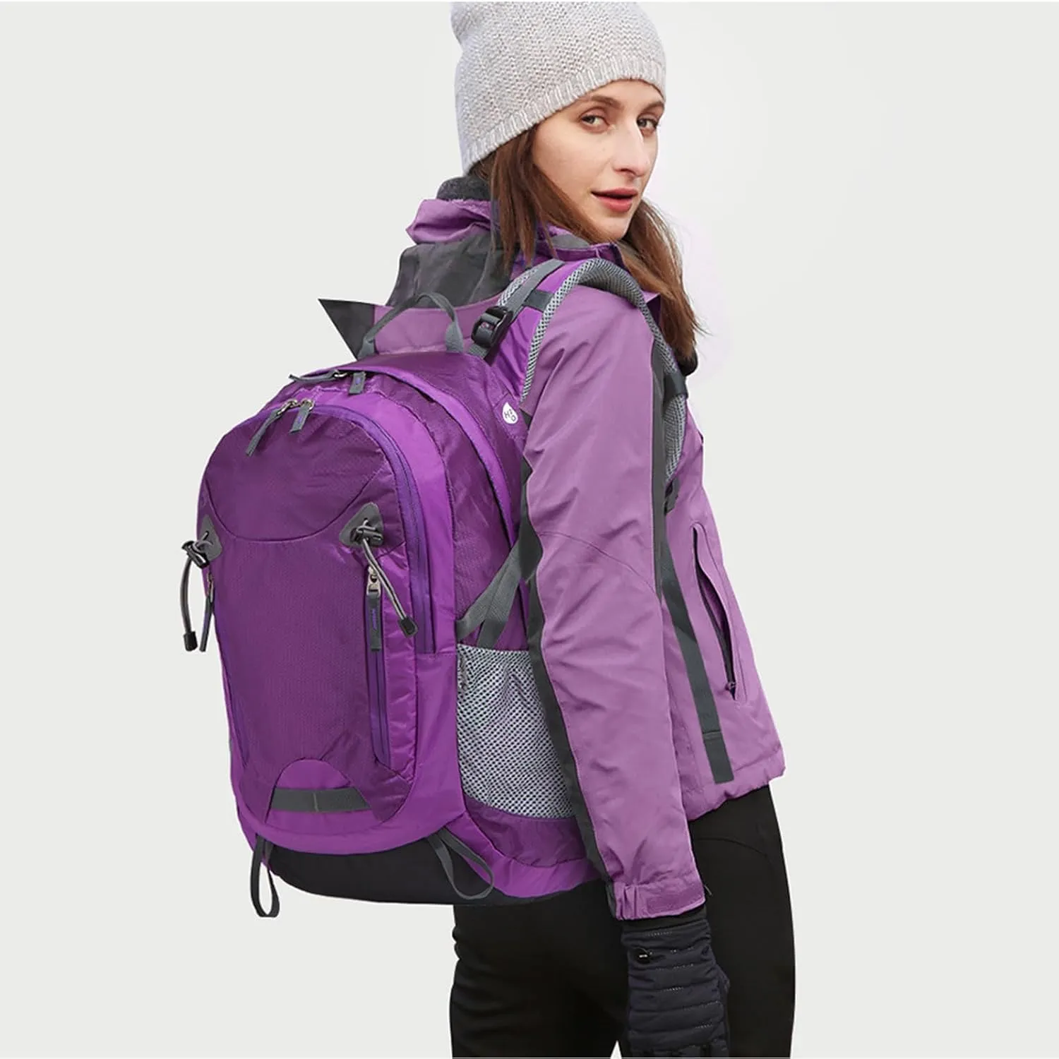 35L Hiking Backpack – Lightweight Waterproof Daypack with Adjustable Straps, Mesh Side Pockets – Camping & Travel Backpack for Men & Women – Purple