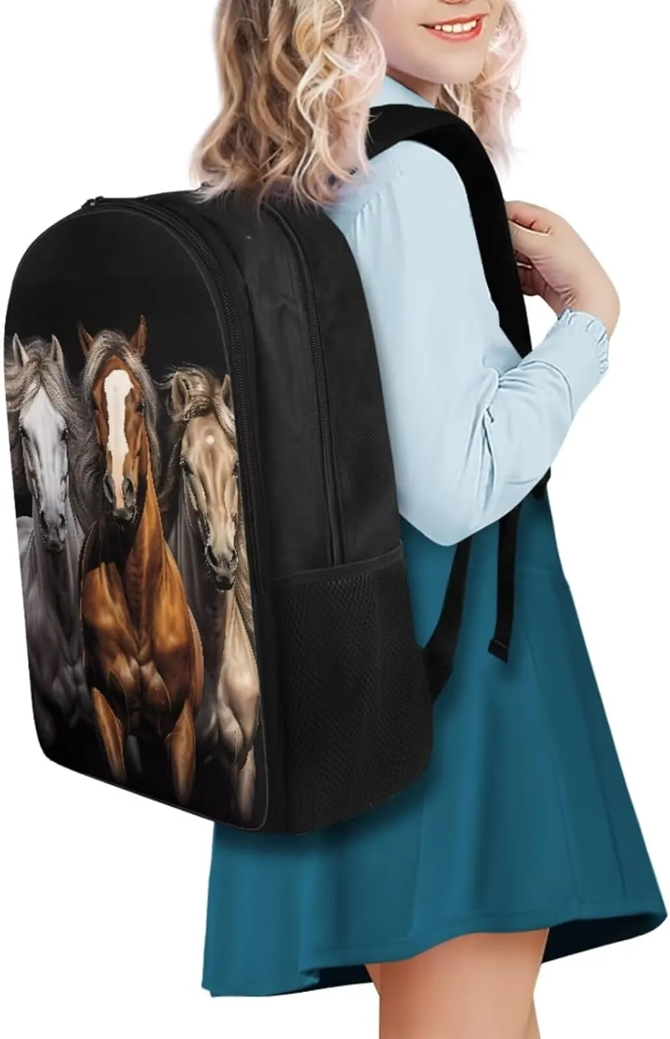3d Cool Horse Print Kids Backpacks for Girls With Lunch Box Canvas Bookbag for Girls Reusable Leakproof Lunch Bag Insulated, Girl Pencil Case for Back to School Gifts