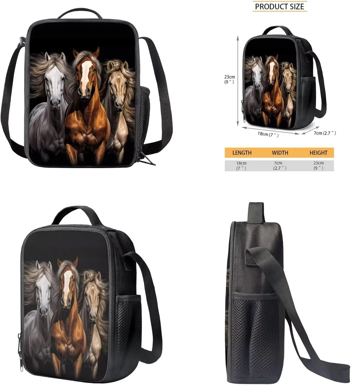 3d Cool Horse Print Kids Backpacks for Girls With Lunch Box Canvas Bookbag for Girls Reusable Leakproof Lunch Bag Insulated, Girl Pencil Case for Back to School Gifts