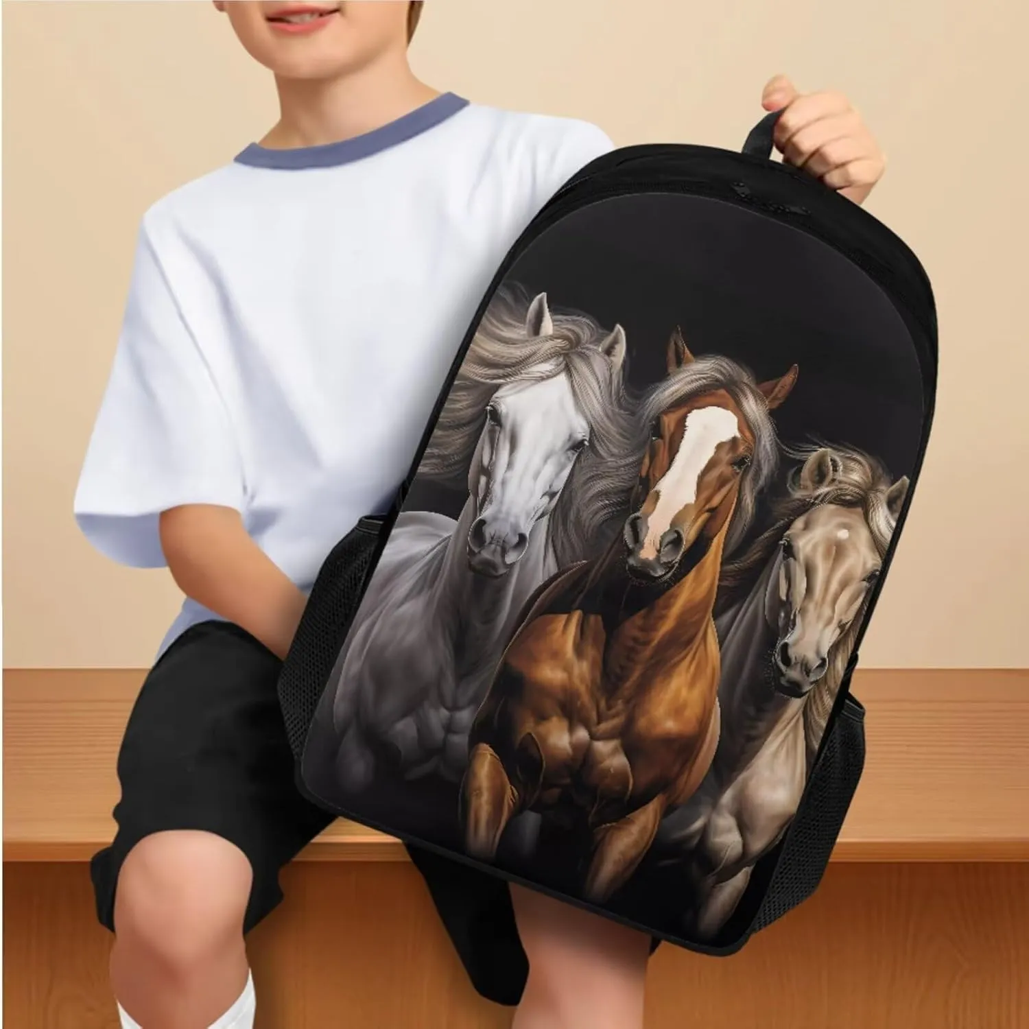 3d Cool Horse Print Kids Backpacks for Girls With Lunch Box Canvas Bookbag for Girls Reusable Leakproof Lunch Bag Insulated, Girl Pencil Case for Back to School Gifts