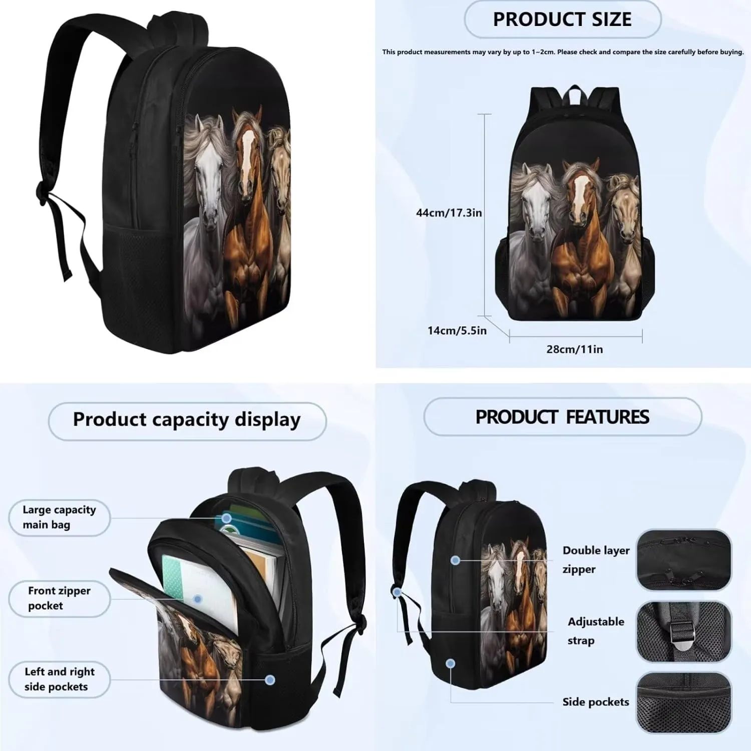 3d Cool Horse Print Kids Backpacks for Girls With Lunch Box Canvas Bookbag for Girls Reusable Leakproof Lunch Bag Insulated, Girl Pencil Case for Back to School Gifts