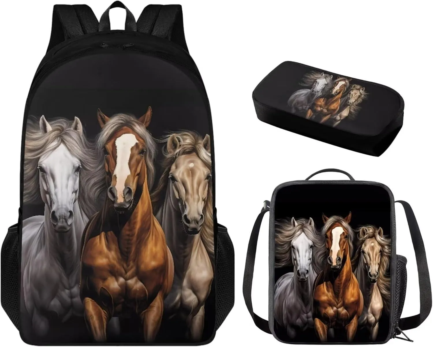 3d Cool Horse Print Kids Backpacks for Girls With Lunch Box Canvas Bookbag for Girls Reusable Leakproof Lunch Bag Insulated, Girl Pencil Case for Back to School Gifts