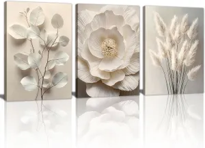 3Pcs Beige Floral Botanical Frame Canvas Wall Art, Neutral Textured Flower Plant Wall Painting Picture Wall Decor Vintage Blossom Posters Prints for Bedroom Living Room Reay to Hang 16"x24"x3Pcs