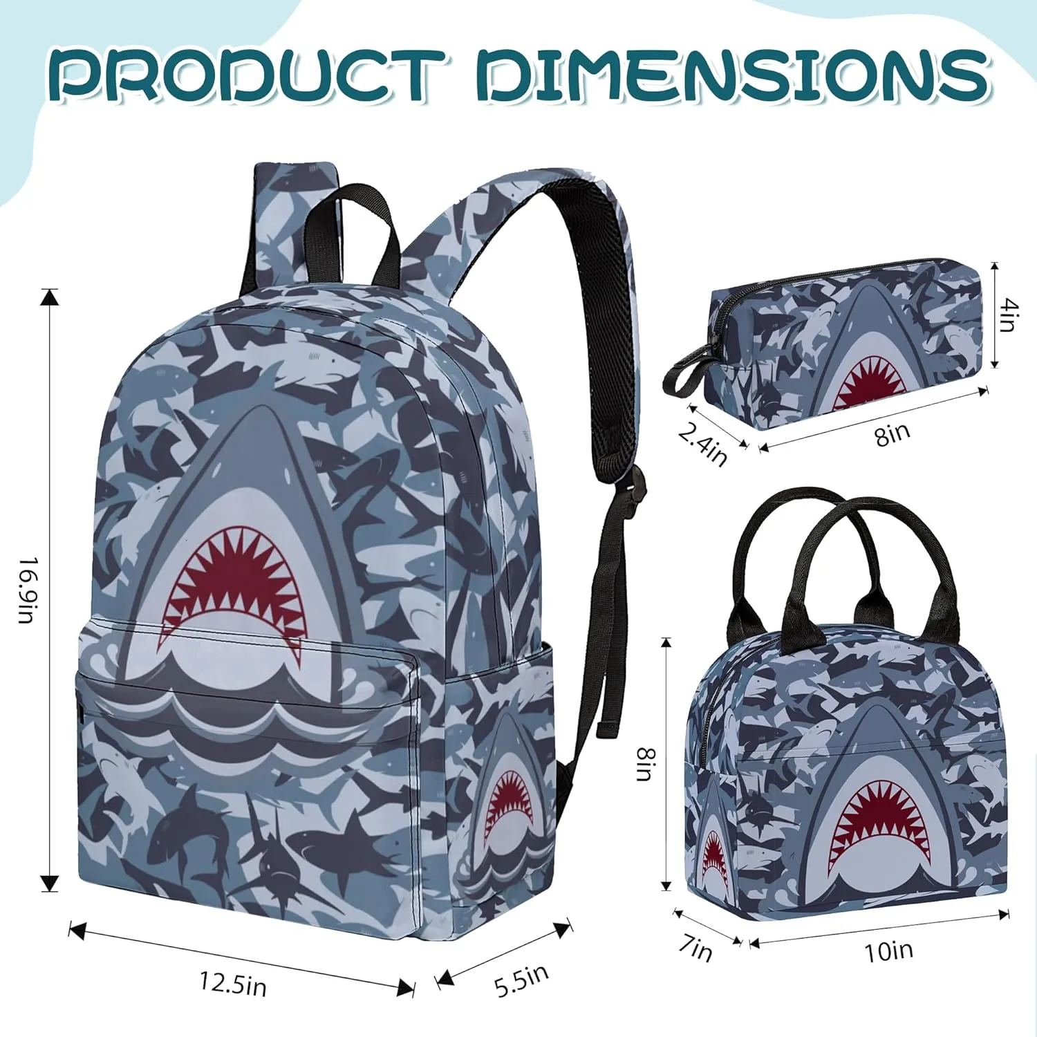 3PCS Girls Boys Backpack, Kids School Backpack with Lunch Box Pencil Case Set, Cool Shark Backpack for Boys Teens, 17" Schoolbag Bookbag for Elementary Middle High School Students