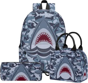 3PCS Girls Boys Backpack, Kids School Backpack with Lunch Box Pencil Case Set, Cool Shark Backpack for Boys Teens, 17" Schoolbag Bookbag for Elementary Middle High School Students