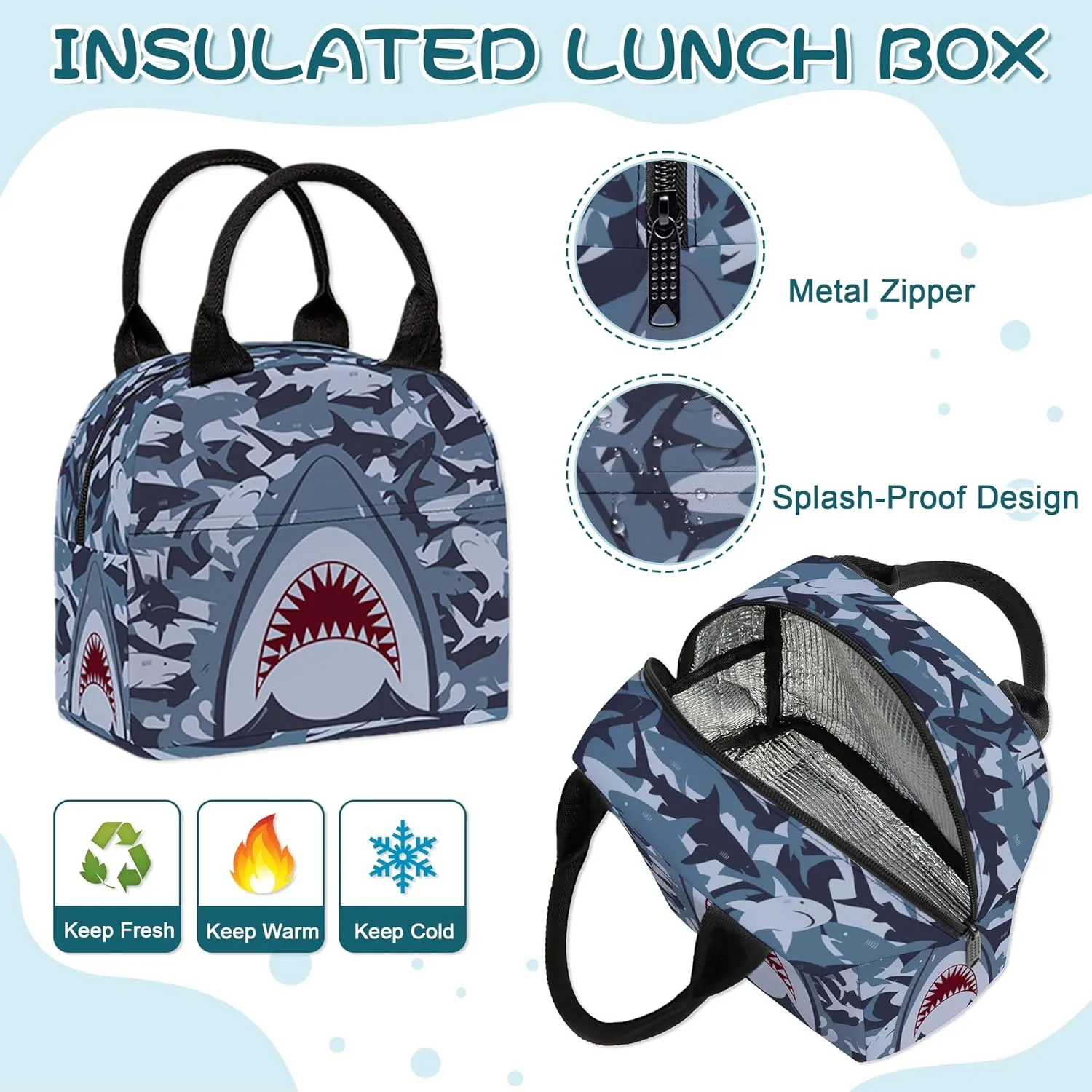 3PCS Girls Boys Backpack, Kids School Backpack with Lunch Box Pencil Case Set, Cool Shark Backpack for Boys Teens, 17" Schoolbag Bookbag for Elementary Middle High School Students