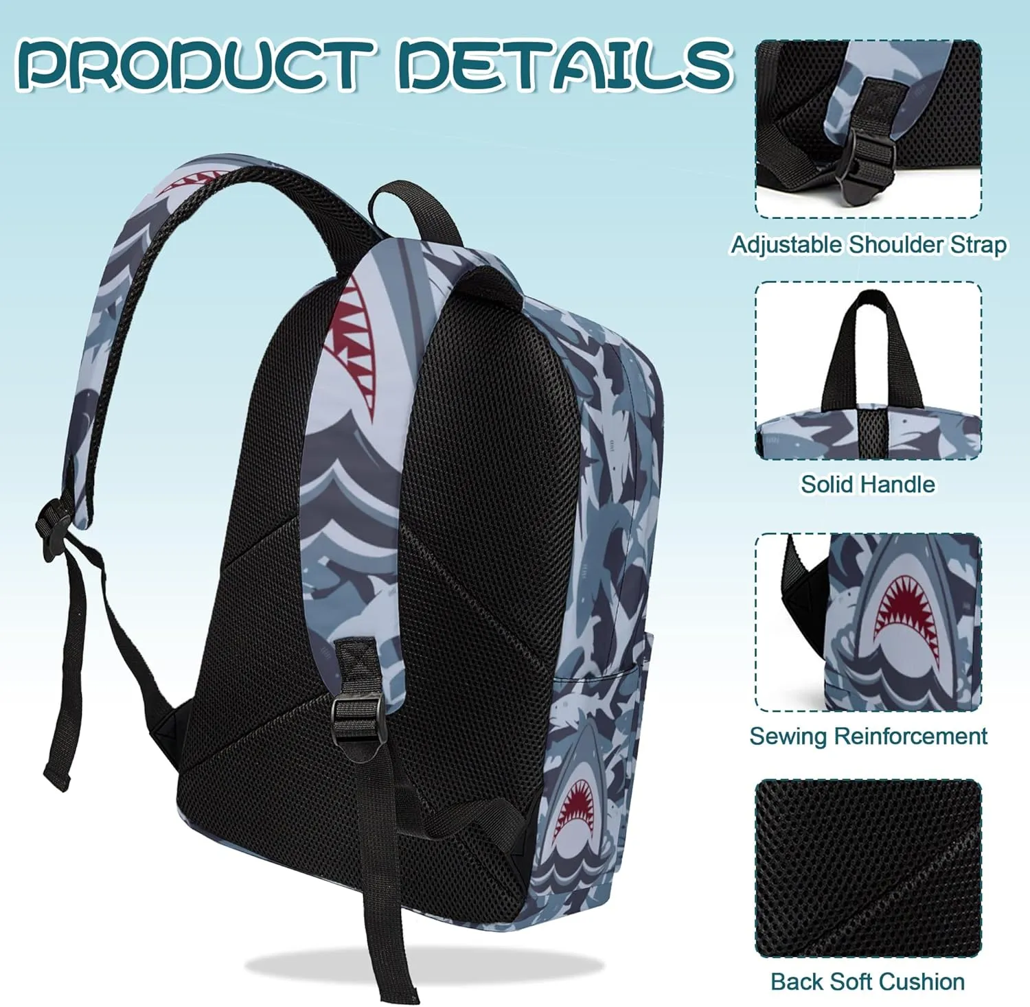 3PCS Girls Boys Backpack, Kids School Backpack with Lunch Box Pencil Case Set, Cool Shark Backpack for Boys Teens, 17" Schoolbag Bookbag for Elementary Middle High School Students