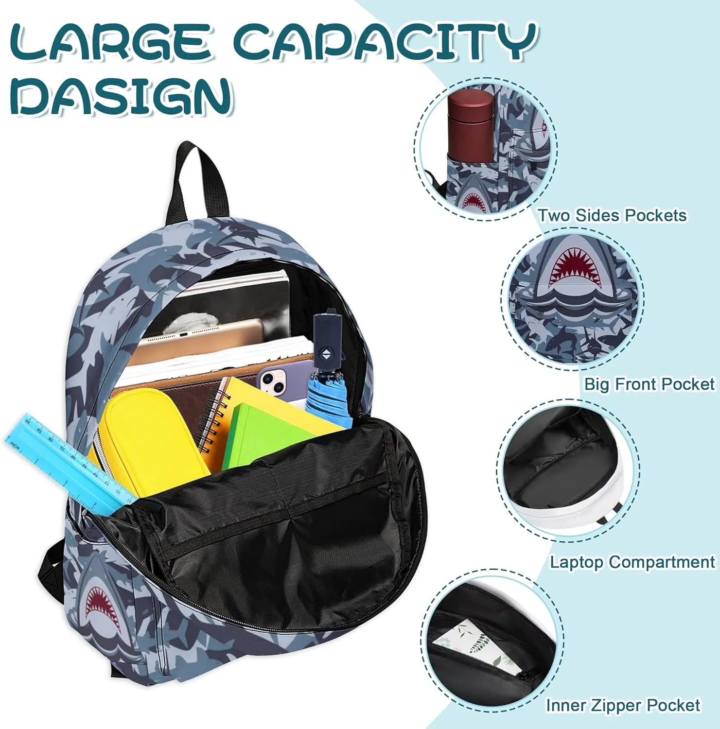 3PCS Girls Boys Backpack, Kids School Backpack with Lunch Box Pencil Case Set, Cool Shark Backpack for Boys Teens, 17" Schoolbag Bookbag for Elementary Middle High School Students