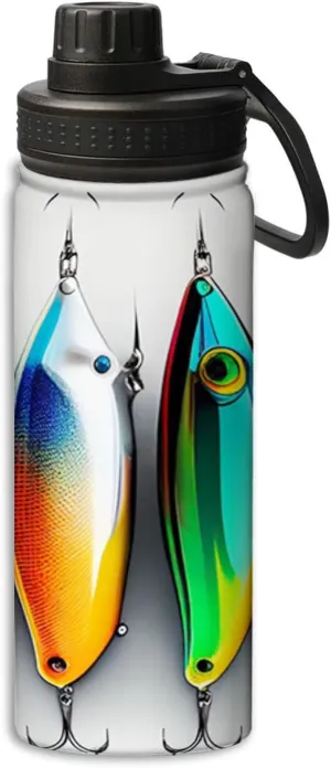 4 Colored Lures Fishing Hooks Pattern pattern Water Bottle 18 oz Double Wall Vacuum Insulated Stainless Steel Wide Mouth Sports Hot & Cold Thermos,Multicolour