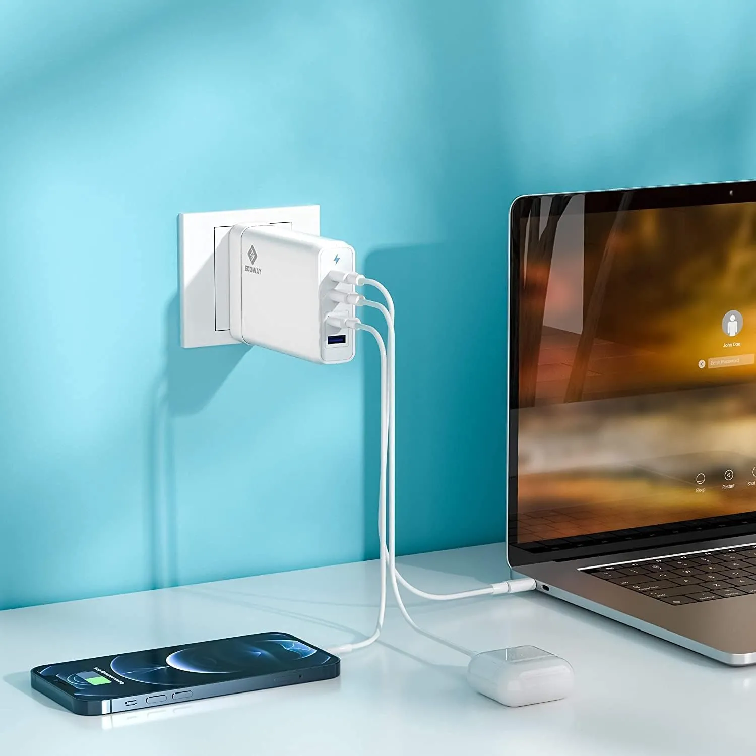 4-Port USB Charger, EGOWAY 90W Wall Charger, 60W & 18W Dual USB C and Dual USB A Ports 12W, Multi for MacBook, iPhone 15 14 13 Pro Max, Galaxy, Laptop Tablet iPad (White)