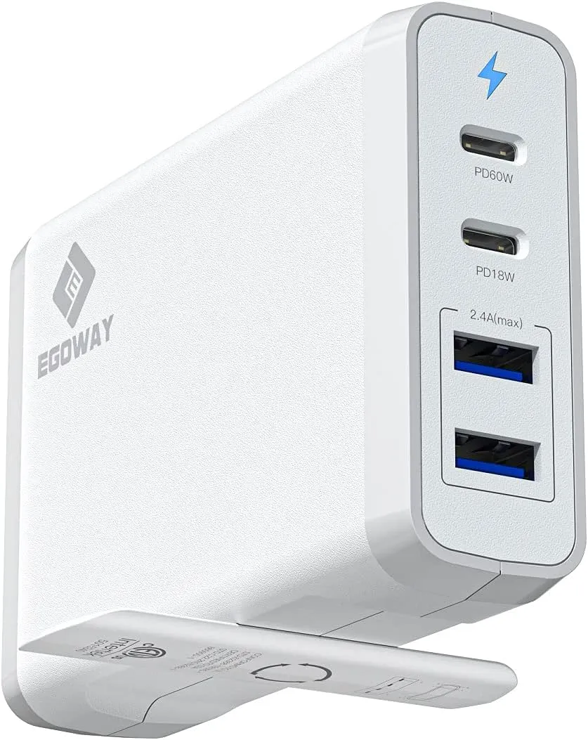 4-Port USB Charger, EGOWAY 90W Wall Charger, 60W & 18W Dual USB C and Dual USB A Ports 12W, Multi for MacBook, iPhone 15 14 13 Pro Max, Galaxy, Laptop Tablet iPad (White)