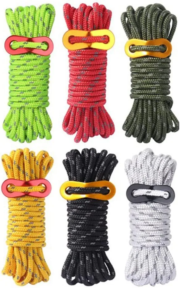 4.36yard 4mm Reflective Nylon Cord, 6pcs Solid Braid Nylon Rope with Aluminum Adjuster Cord Tensioner, Tent Guyline Rope for Camping Tent, Outdoor Hiking Packaging