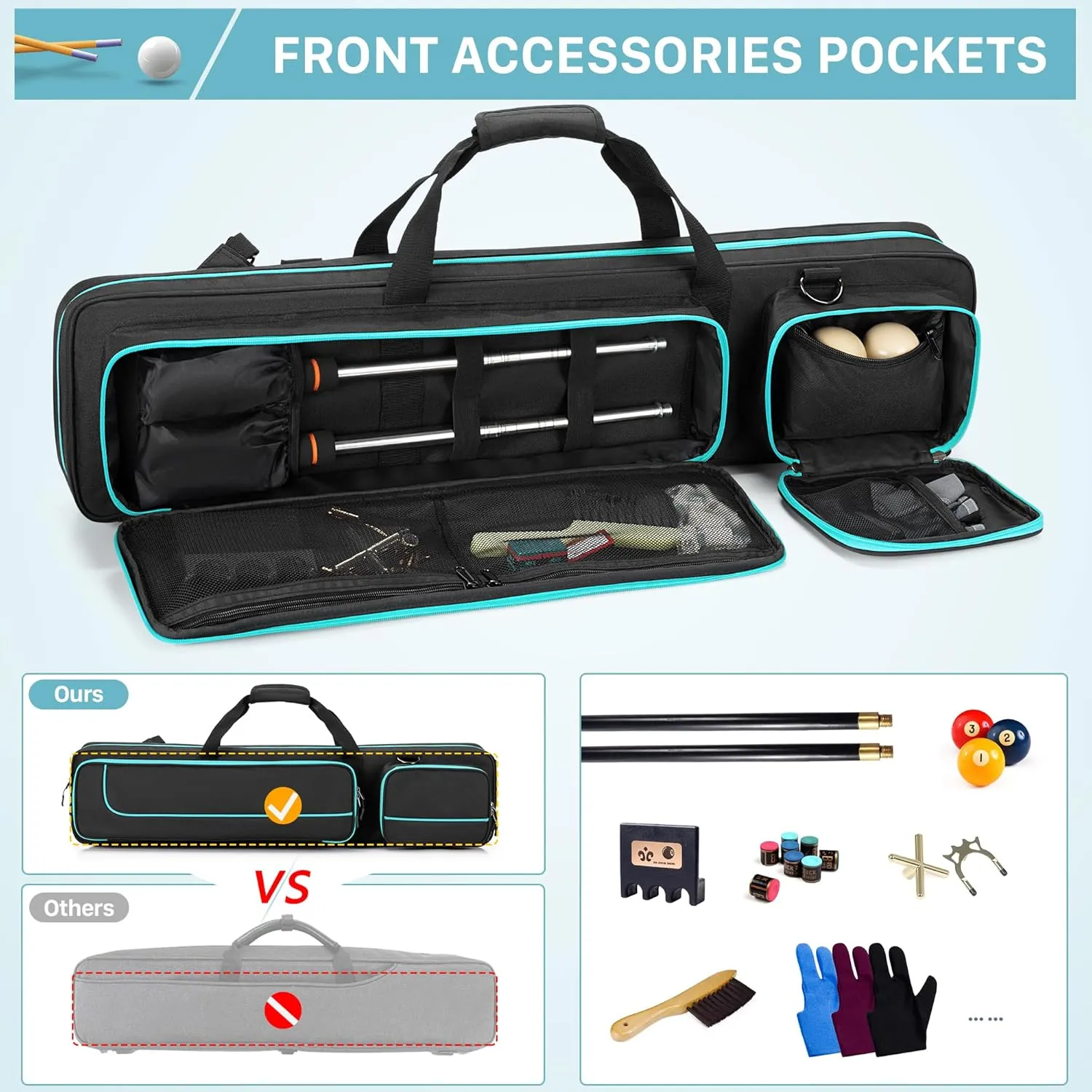 4x4 Pool Cue Case Hold Up to 4 Butts and 4 Shafts, Pool Stick Carrying Case with Front Accessories Pockets, Billiard Cue Cases with Shoulder Straps