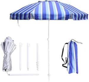 6.5ft Beach Umbrella - Heavy Duty Wind Resistant UV 50  Portable Sun Shade with Sand Anchor & Carry Bag, Outdoor Folding Umbrella for Beach, Pool, Patio, Garden (Blue Vertical Stripe)