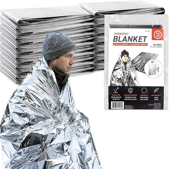 72 HRS MIL-SPEC Emergency Space Blankets – Mylar Survival or Emergency Thermal Blankets for Camping, Hiking, Marathon, First Aid, Emergency Preparedness, Extreme Weather, Shelter (12-Pack)