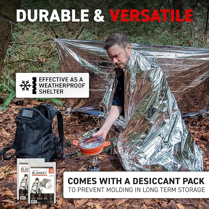 72 HRS MIL-SPEC Emergency Space Blankets – Mylar Survival or Emergency Thermal Blankets for Camping, Hiking, Marathon, First Aid, Emergency Preparedness, Extreme Weather, Shelter (4-Pack)